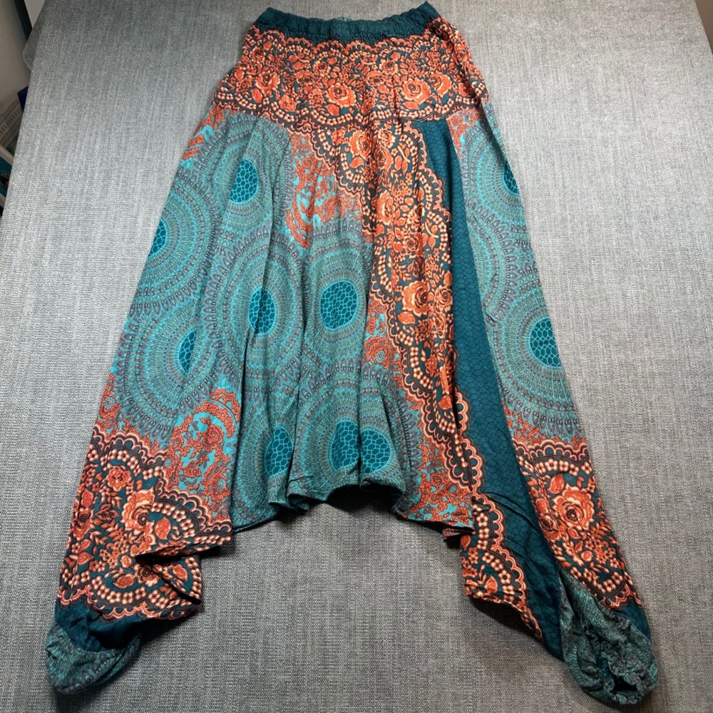 Harem Pants Handkerchief Hem Pants Womens OS Teal Orange Good Boho Mandala Rayon